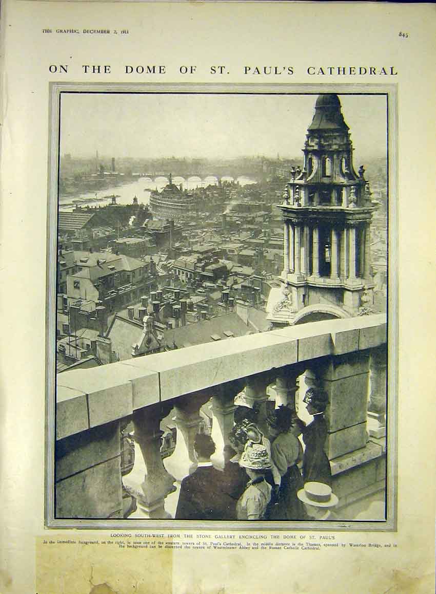 Old Antique Print Dome St Paul'S Cathedral Stone Gallery Westminster 1911 20th