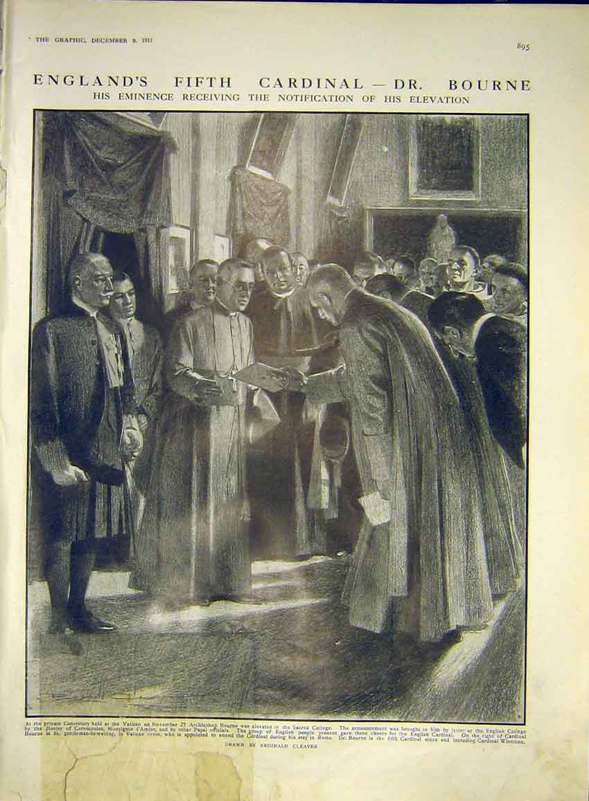 Original Old Antique Print Enlgish Cardinal Bourne Vatican Sacred College 1911