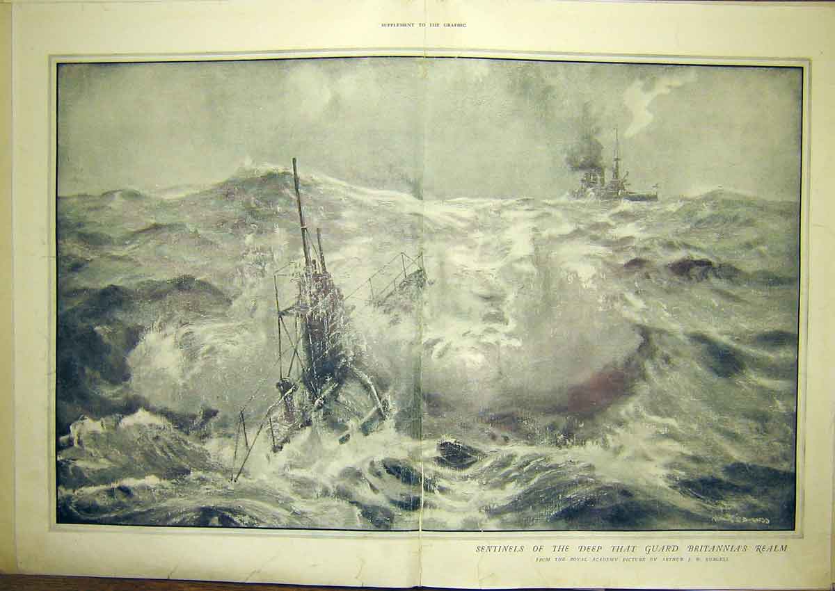 Original Old Antique Print Sentinels Submarines Navy Naval Sea Burgess 1911