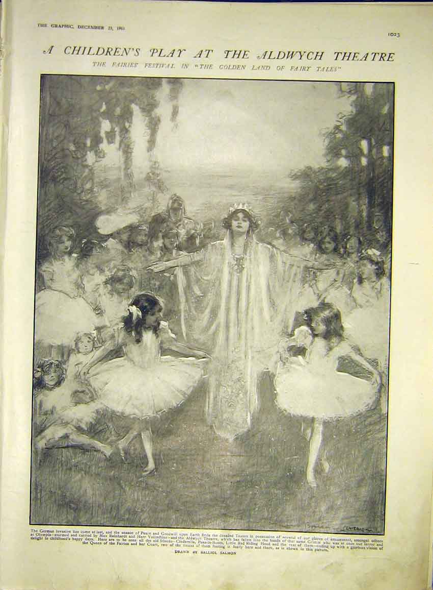 Original Old Antique Print Children Play Theatre Aldwych Sketch Fairies 1911