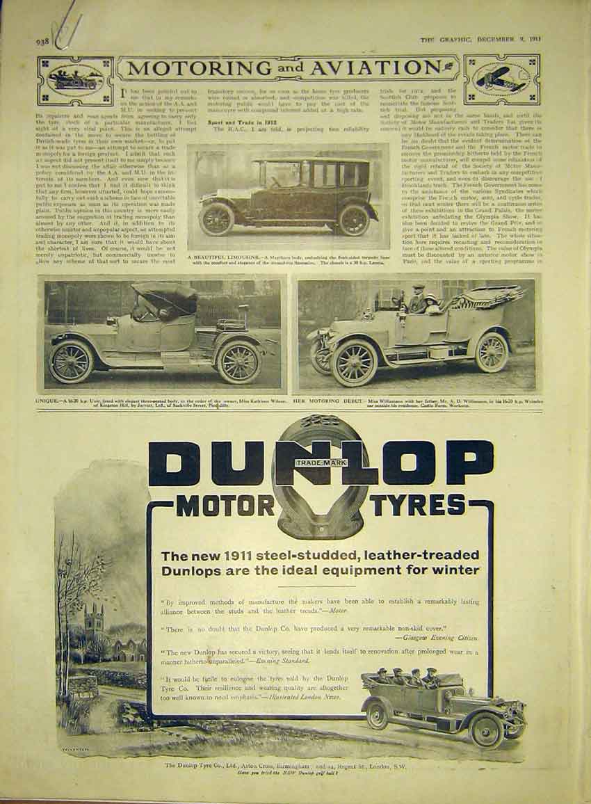 Old Antique Print Motor Car Wolseley Daimler Limousine Lancia Dunlop 1911 20th
