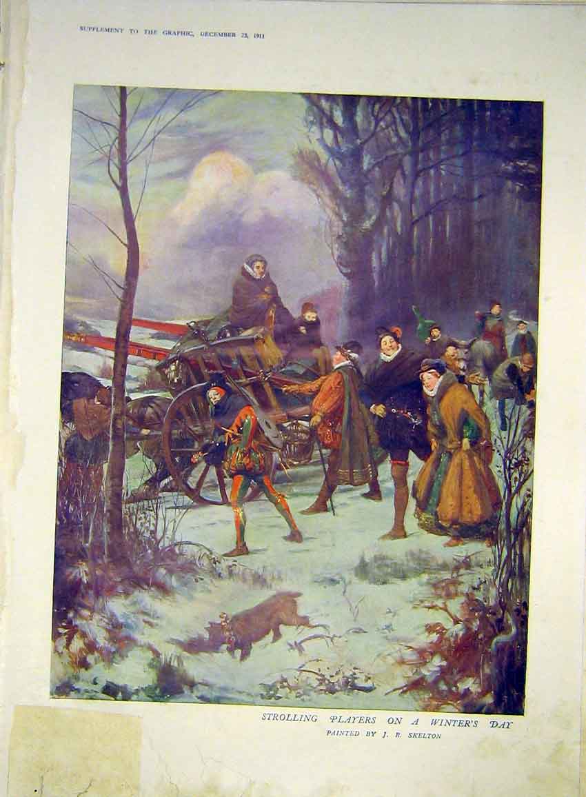 Original Old Antique Print Strolling Players Winter Day Skelton Fine Art 1911