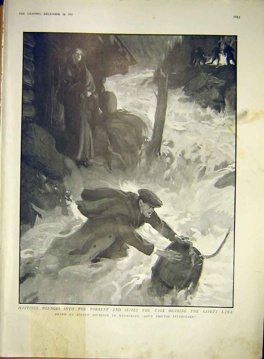 Original Old Antique Print Hastings Cask Spurrier River Flood Safety Line 1911