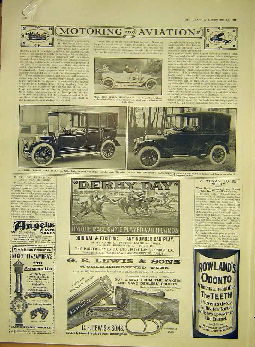 Original Old Antique Print Motor Car White Iris Limousine Dennis Stoewer Advert