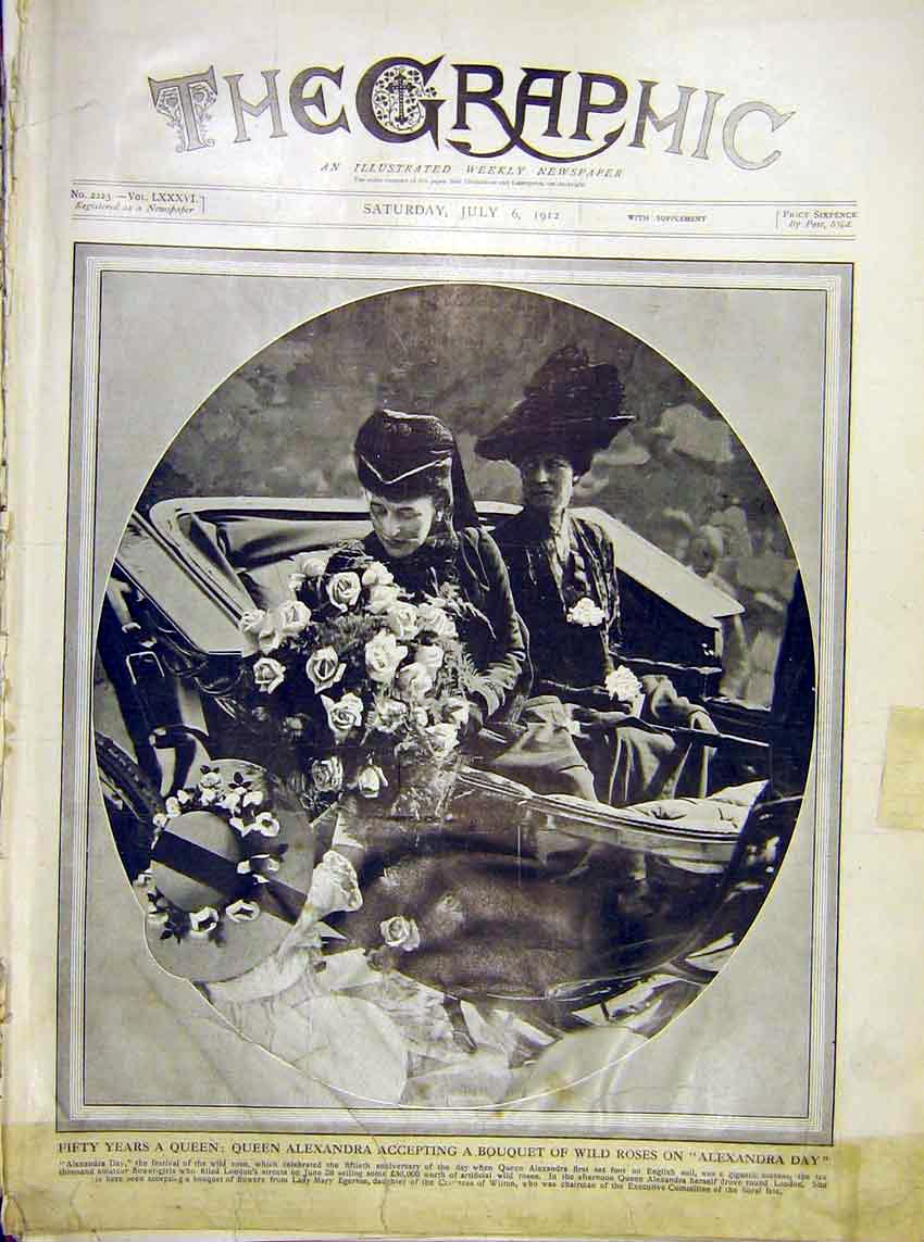Original Old Antique Print Quen Alexandra Bouquet Roses Carriage 1912 20th