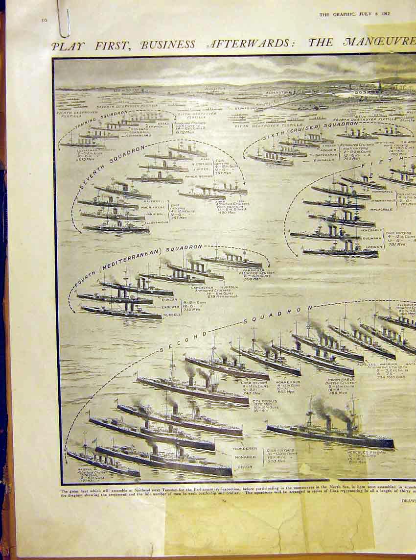 Old Antique Print Manoeuvres Naval Parliamentary Inspection Morrell 1912 20th