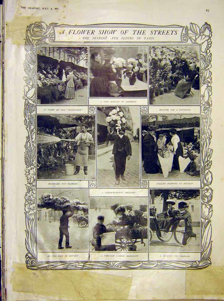 Original Old Antique Print Flower Show Street Paris France Parisian 1912 20th