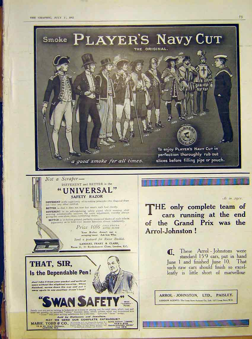 Original Old Antique Print Advert Player'S Tobacco Swan Arrol-Johnston 1912 20th