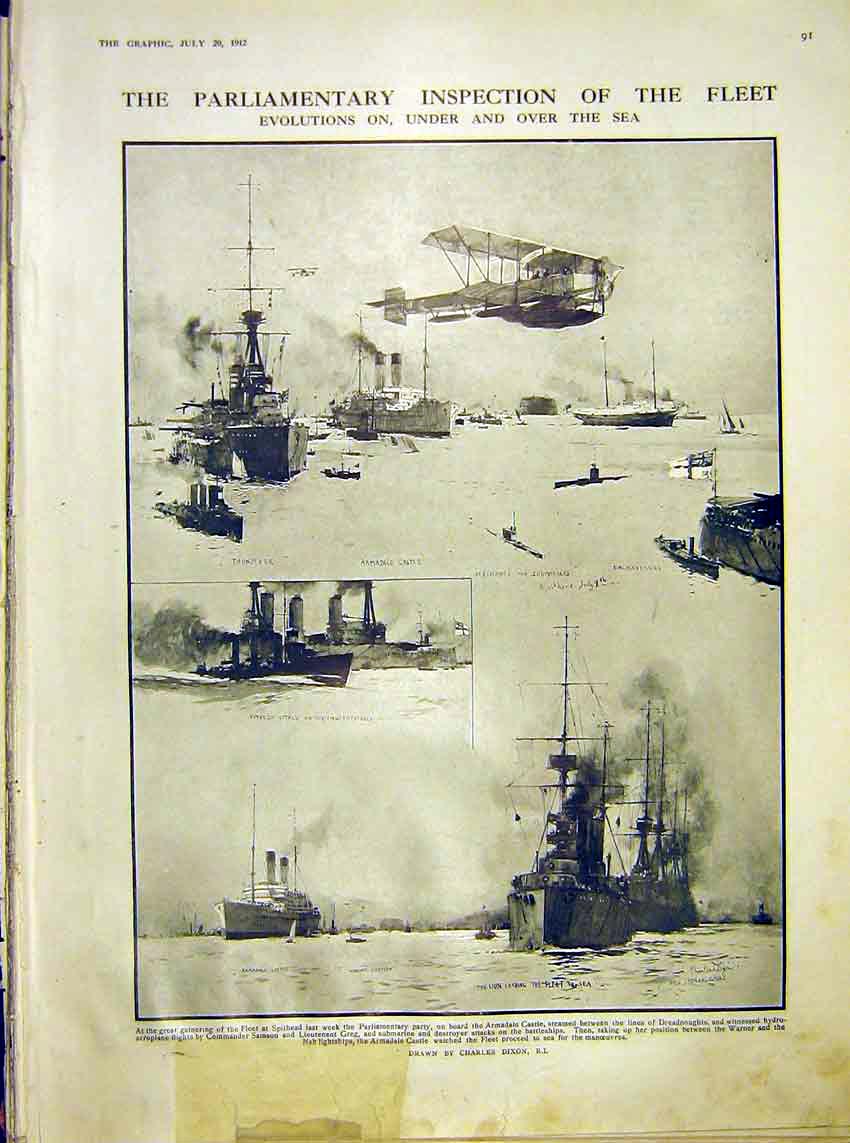 Old Antique Print Parliamentary Inspection Fleet Aeroplane Ship Navy 1912 20th