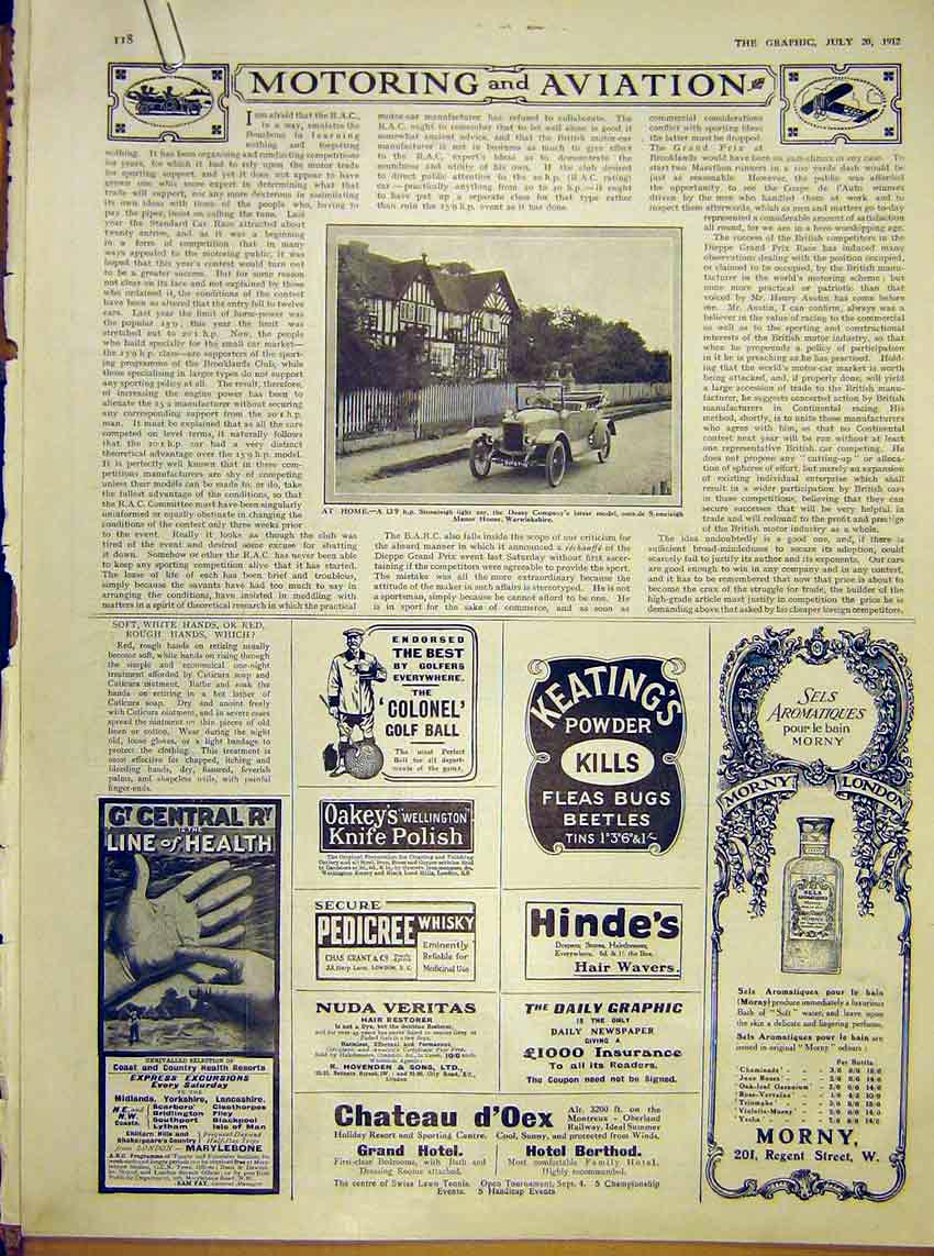 Original Old Antique Print Motor-Car Stonleigh Fiat Morgan Maythorne 1912 20th