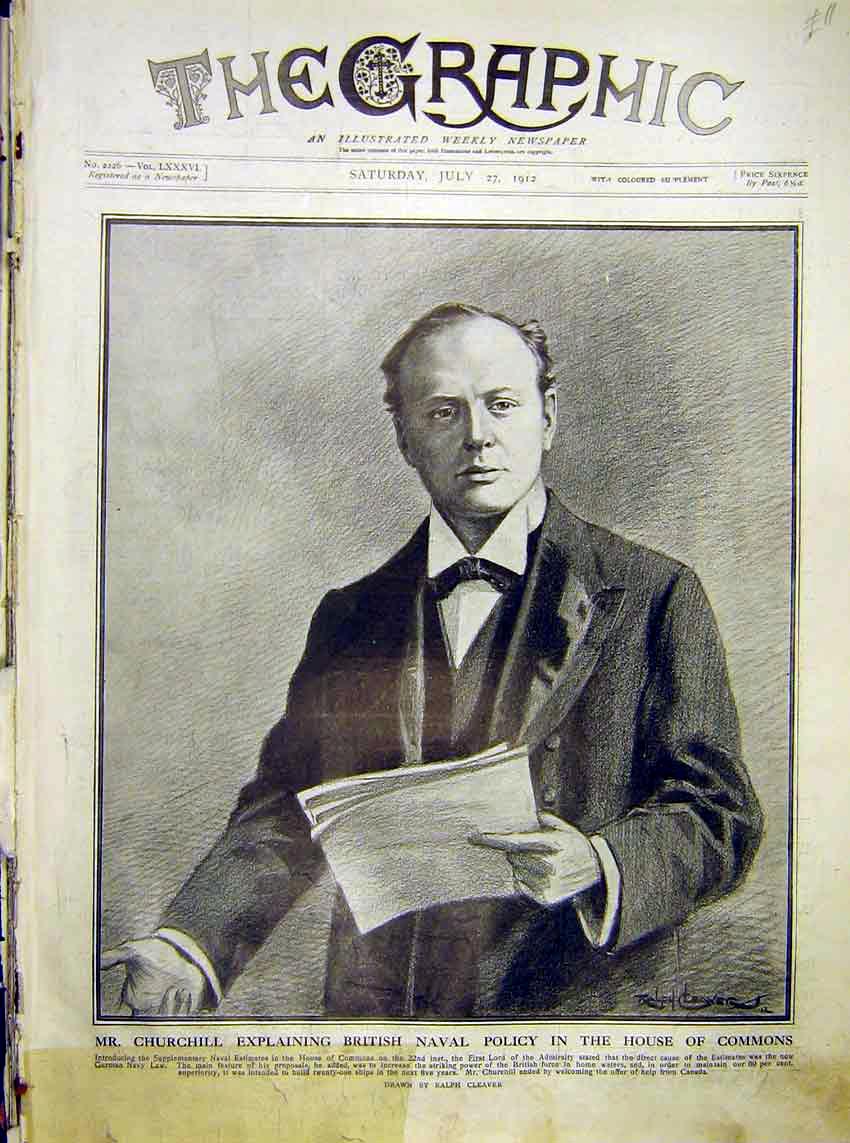 Original Old Antique Print Churchill Portrait British Naval House Commons 1912