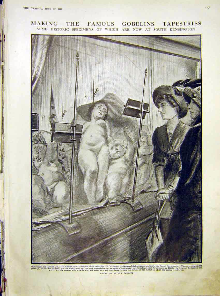 Original Old Antique Print Gobelins Tapestries Kensington Museum London Garratt