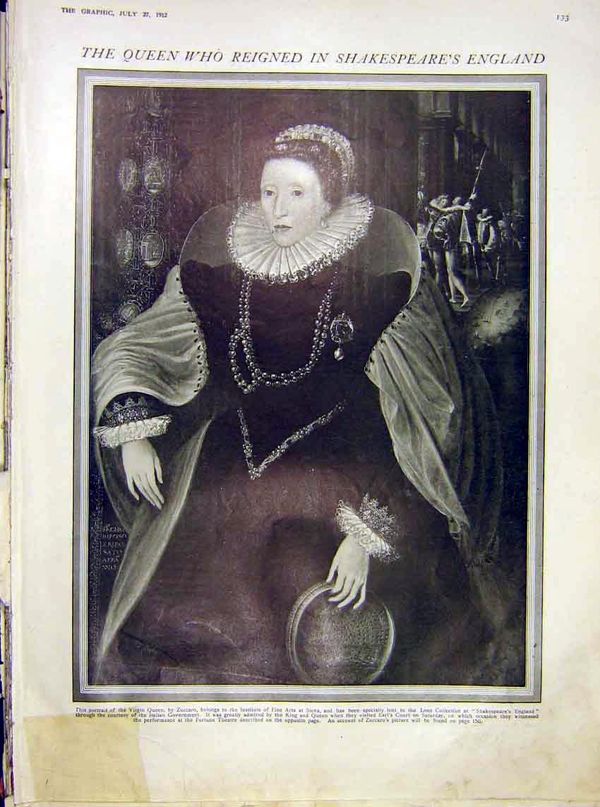 Original Old Antique Print Queen Shakespeare England Zuccaro Fine Art 1912 20th