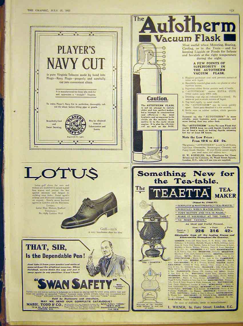 Original Old Antique Print Advert Weiner Player'S Lotus Koehler Vacuum 1912 20th
