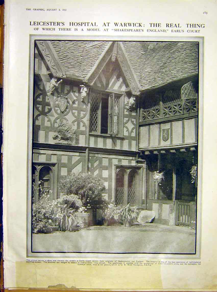 Original Old Antique Print Leicester Hospital Warwick Earl'S Court Shakespeare