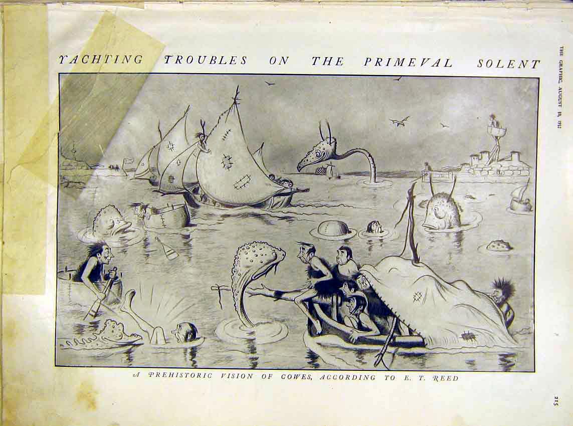Original Old Antique Print Yacht Sketches Reed Cowes Prehistoric 1912 20th