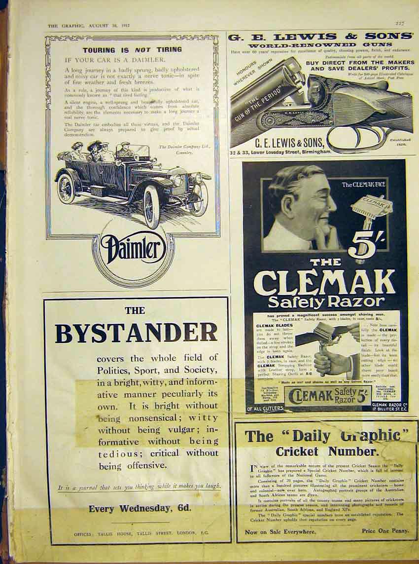 Original Old Antique Print Advert Daimler Car Lewis Gun Clemak Cricket 1912 20th