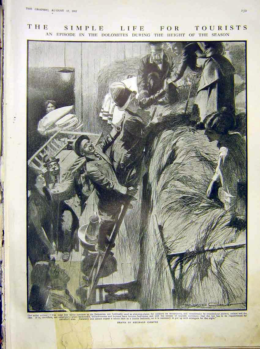 Original Old Antique Print Tourist Dolomites Hay-Barns Cleaver 1912 20th Century