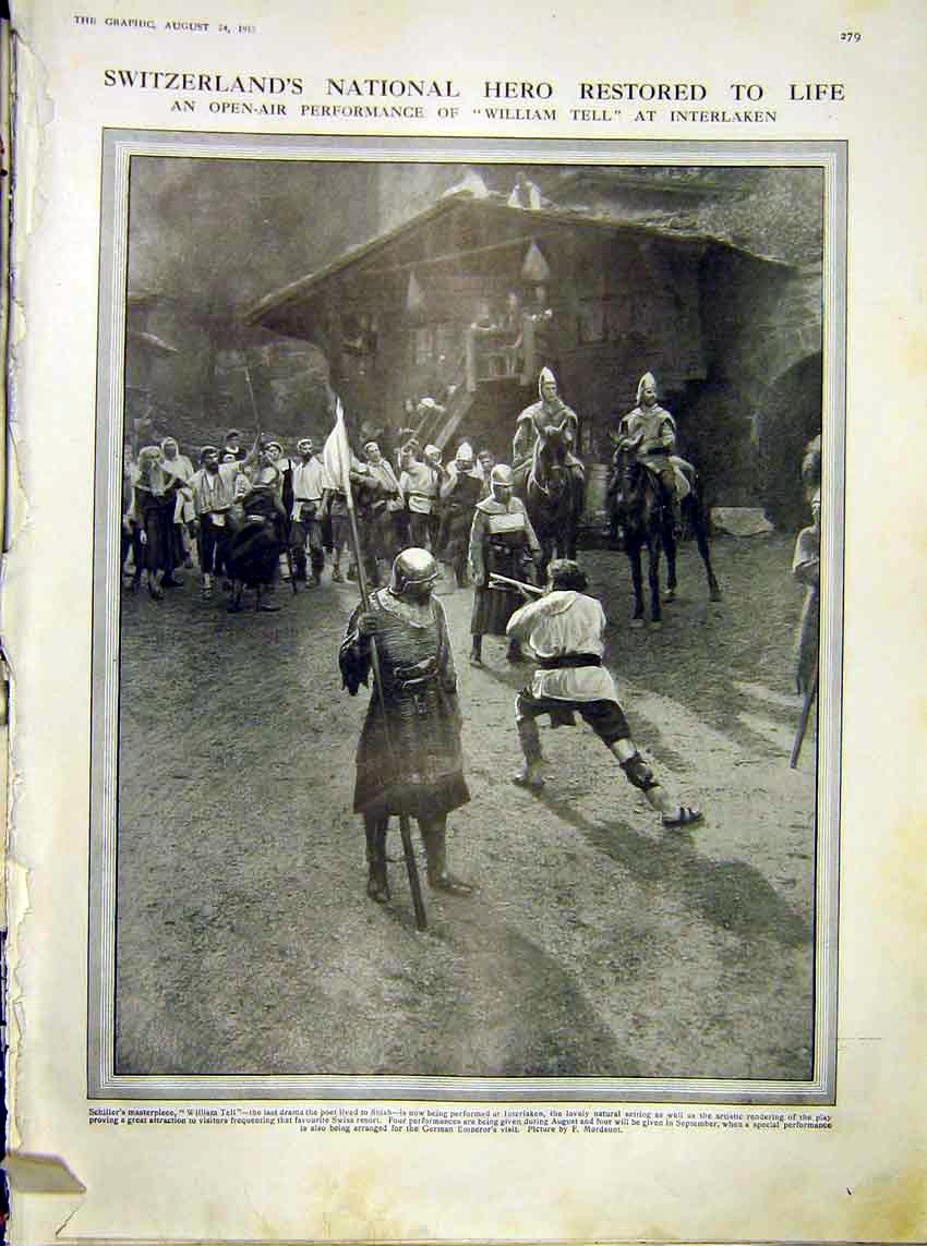 Original Old Antique Print Switzerland Hero William Tell Interlaken 1912 20th