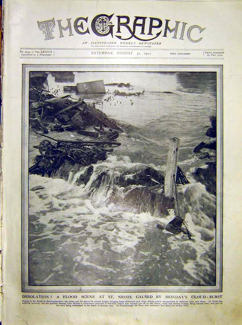 Original Old Antique Print Flood Scene St Neots Ouse Huntingdonshire 1912 20th