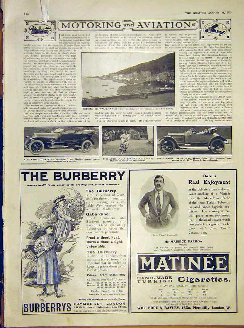 Old Antique Print Motor-Car Humber Maudslay Auto-Cycle Vauxhall Wolseley