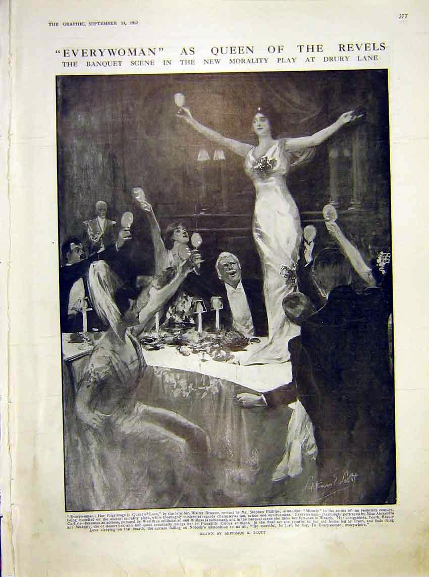 Original Old Antique Print Banquet Scene Play Drury Lane Theatre Scott 1912 20th