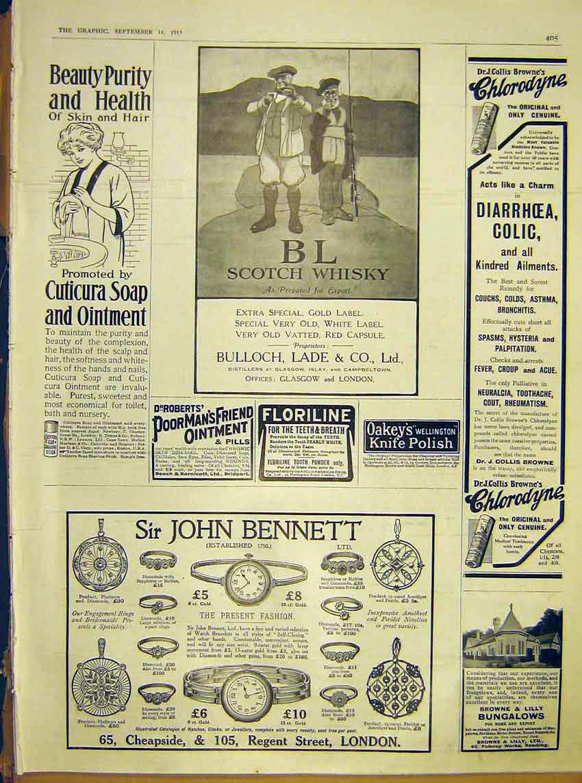 Original Old Antique Print Advert Bl Scotch Whisky Bennett Browne Lily Cuticura