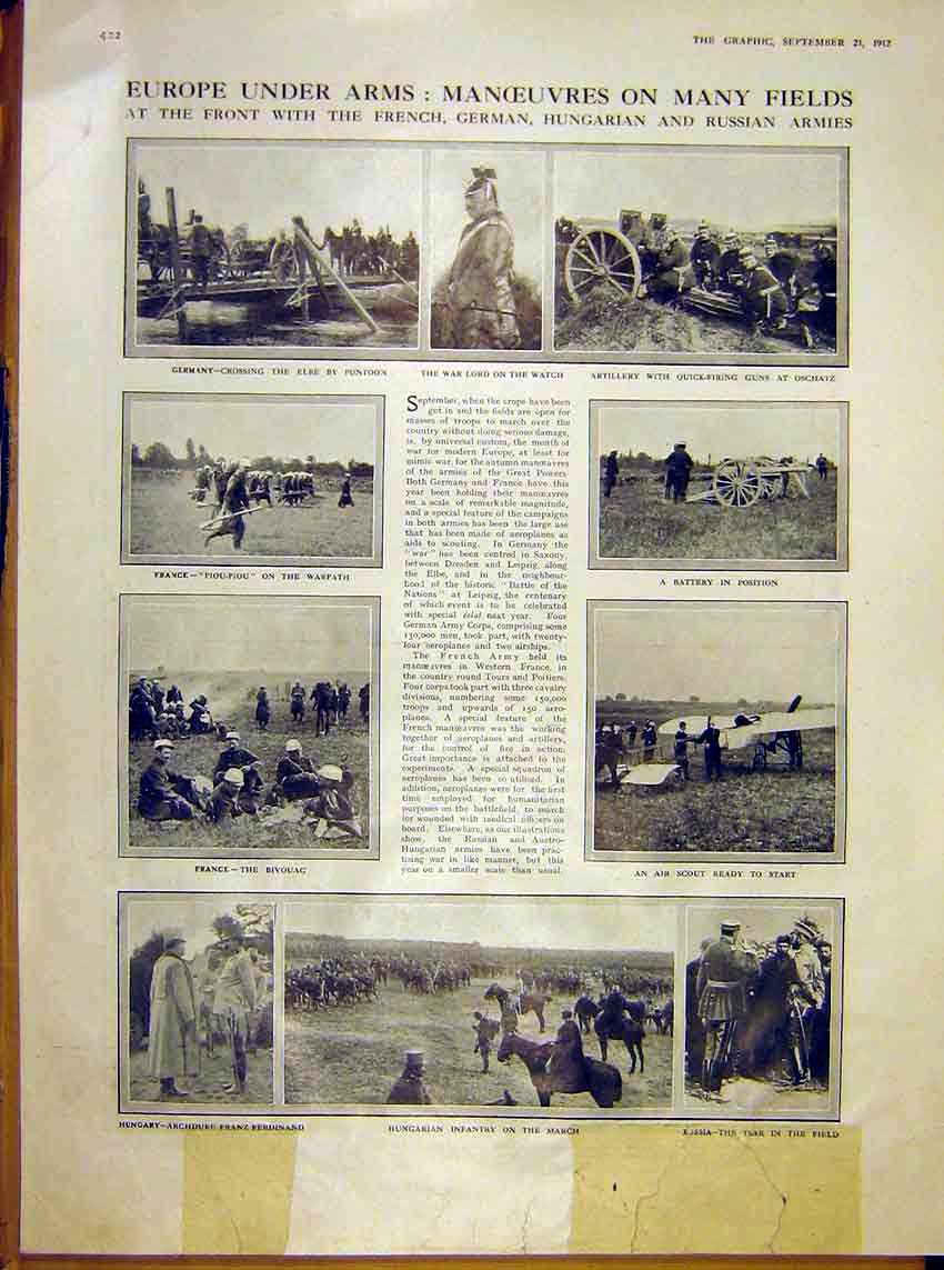 Original Old Antique Print Manoeuvres War Europe Troops Cstreams 1912 20th