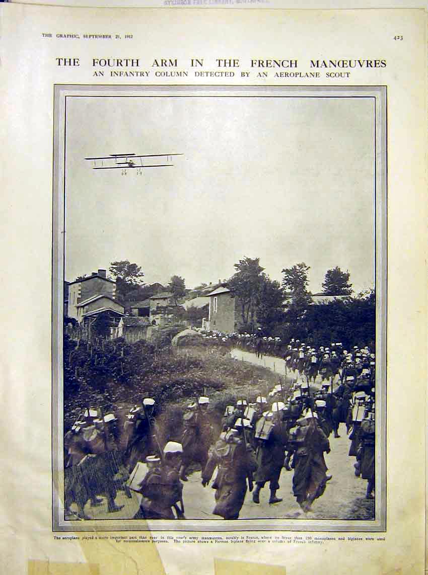 Old Antique Print French Manoeuvres Army Infantry Aeroplane Military 1912 20th