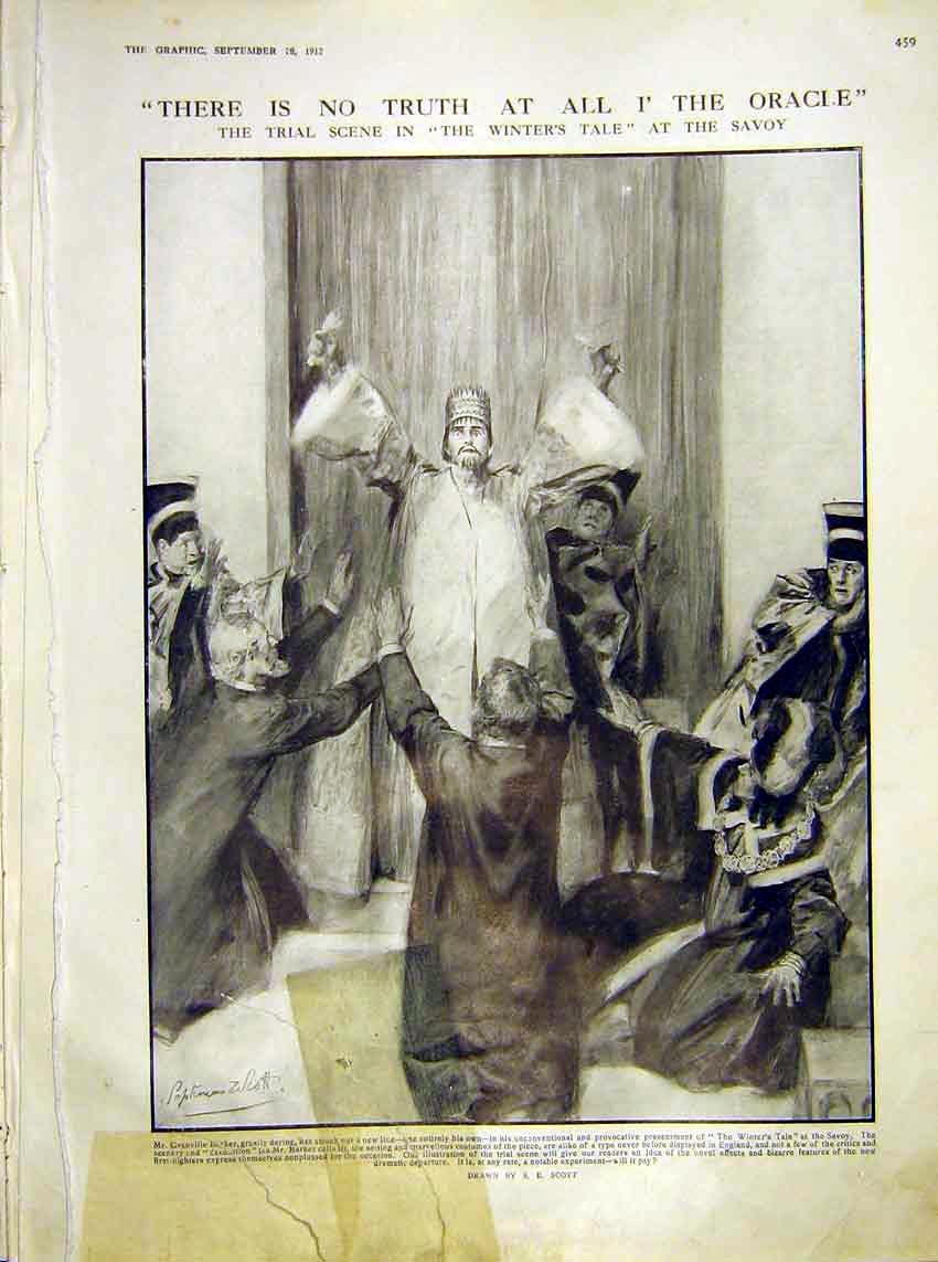 Original Old Antique Print Oracle Theatre Trial Scene Winter'S Tale Savoy Scott