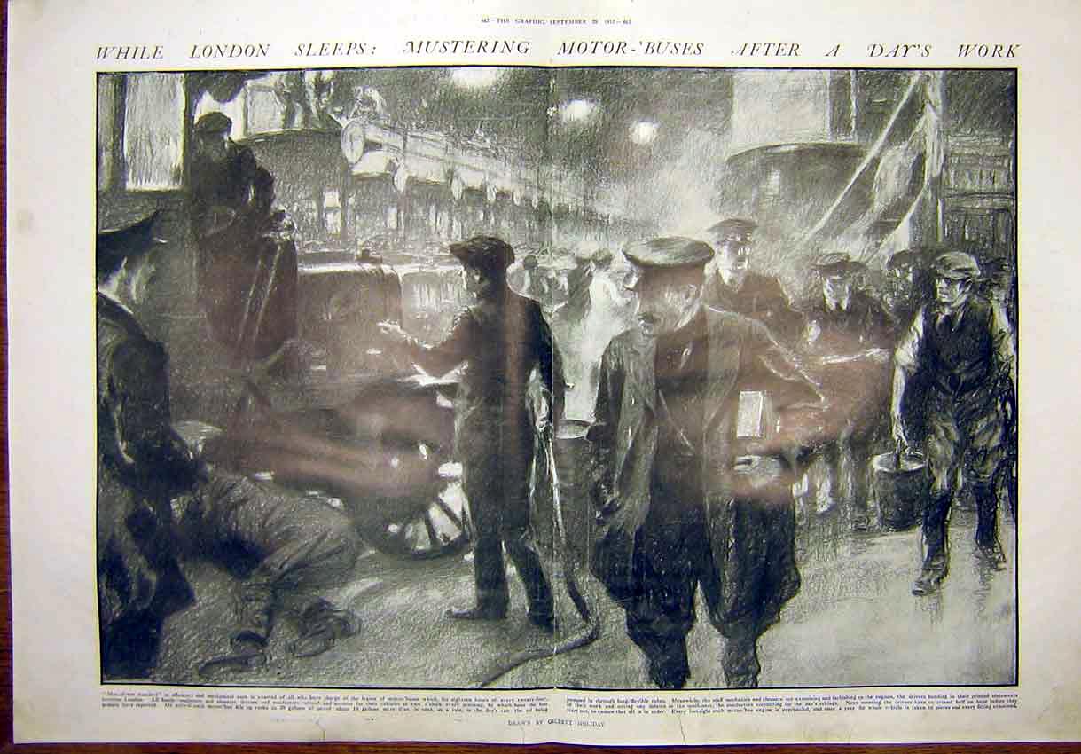 Original Old Antique Print London Motor-Bus Automobile Mechanics 1912 20th