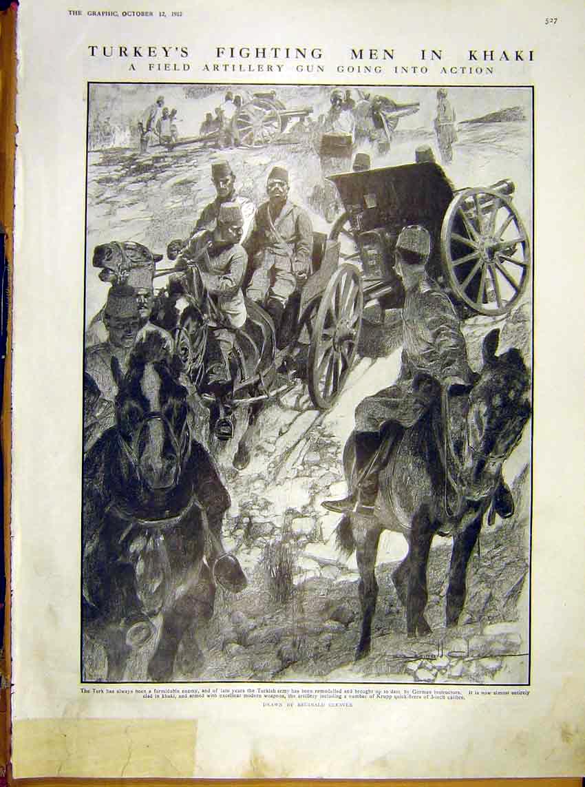 Old Antique Print Turkey Khaki Artillery Rhine Bridge River Maxwell 1912 20th
