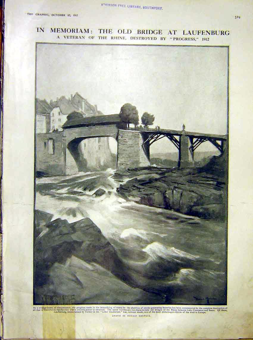 Original Old Antique Print Laufenburg Bridge Veteran Rhine Maxwell 1912 20th