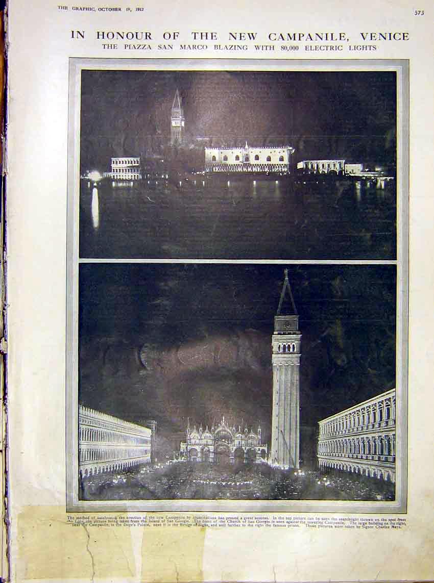 Old Antique Print Campanille Venice Piazza San Marco Electric Light 1912 20th