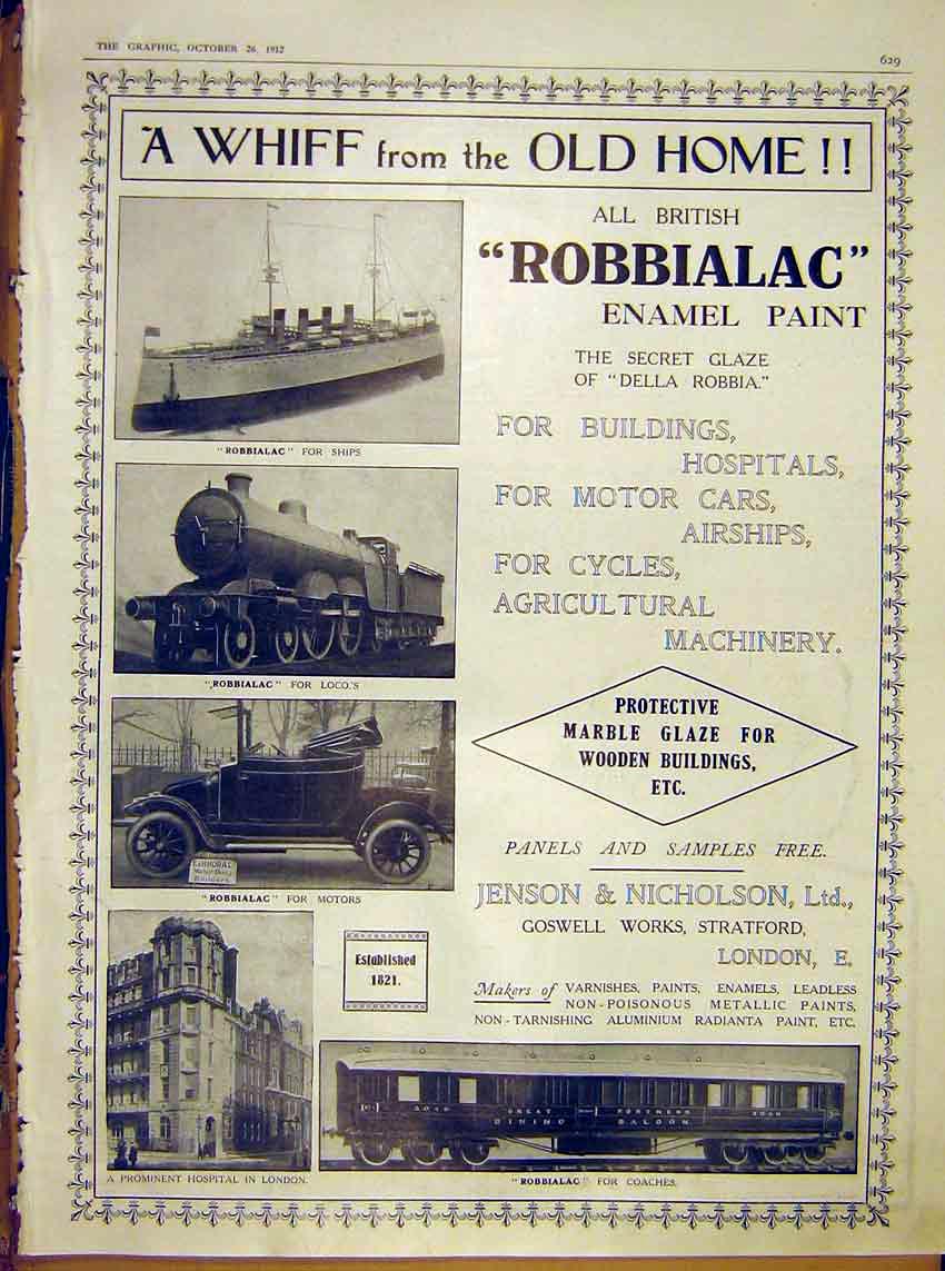 Old Antique Print Robbialac Enamel Paint Train Ship Advert Motor-Car 1912 20th