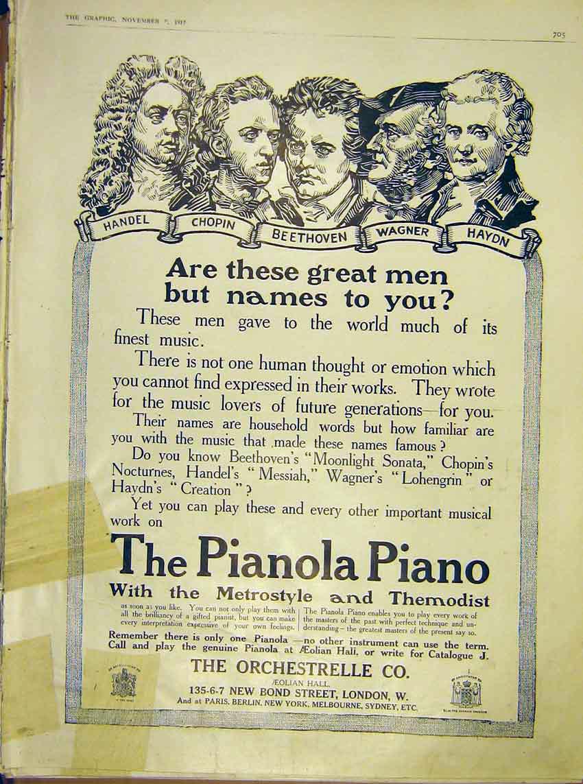 Old Antique Print Advert Pianola Piano Orchestrelle Metrostyle Themodist