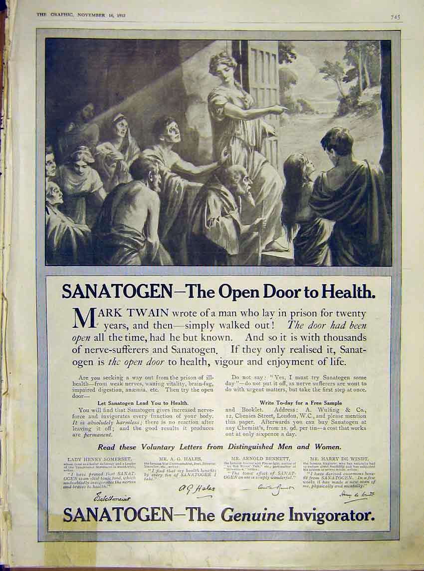 Original Old Antique Print Advert Sanatogen Invigorator 1912 20th Century