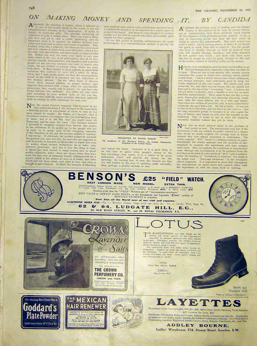 Original Old Antique Print Ladies Tennis America Advert Benson'S Lotus Layettes
