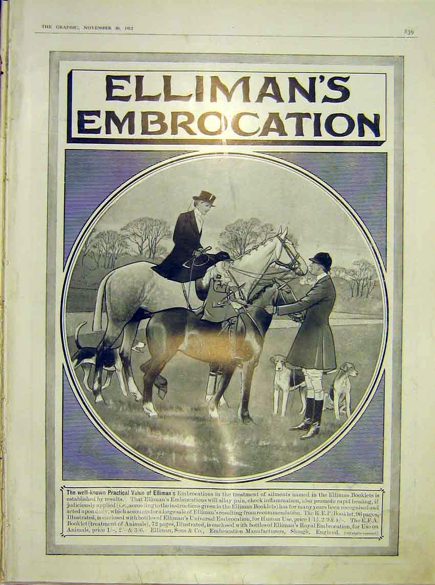 Original Old Antique Print Elliman'S Embrocation Hunter Child Hounds Advert 1912