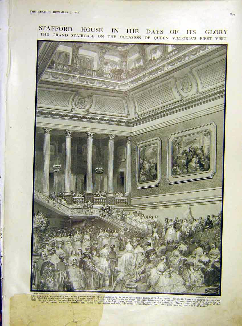 Original Old Antique Print Stafford House Staircase Lever Queen Victoria 1912