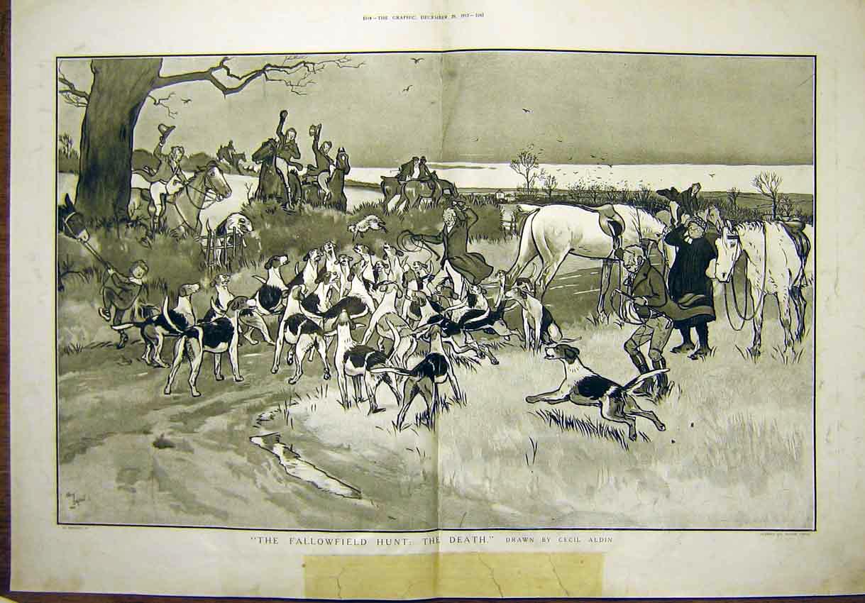 Old Antique Print Knnowles Lady Carriage Hunt Sketch Hounds Gnomes Aris