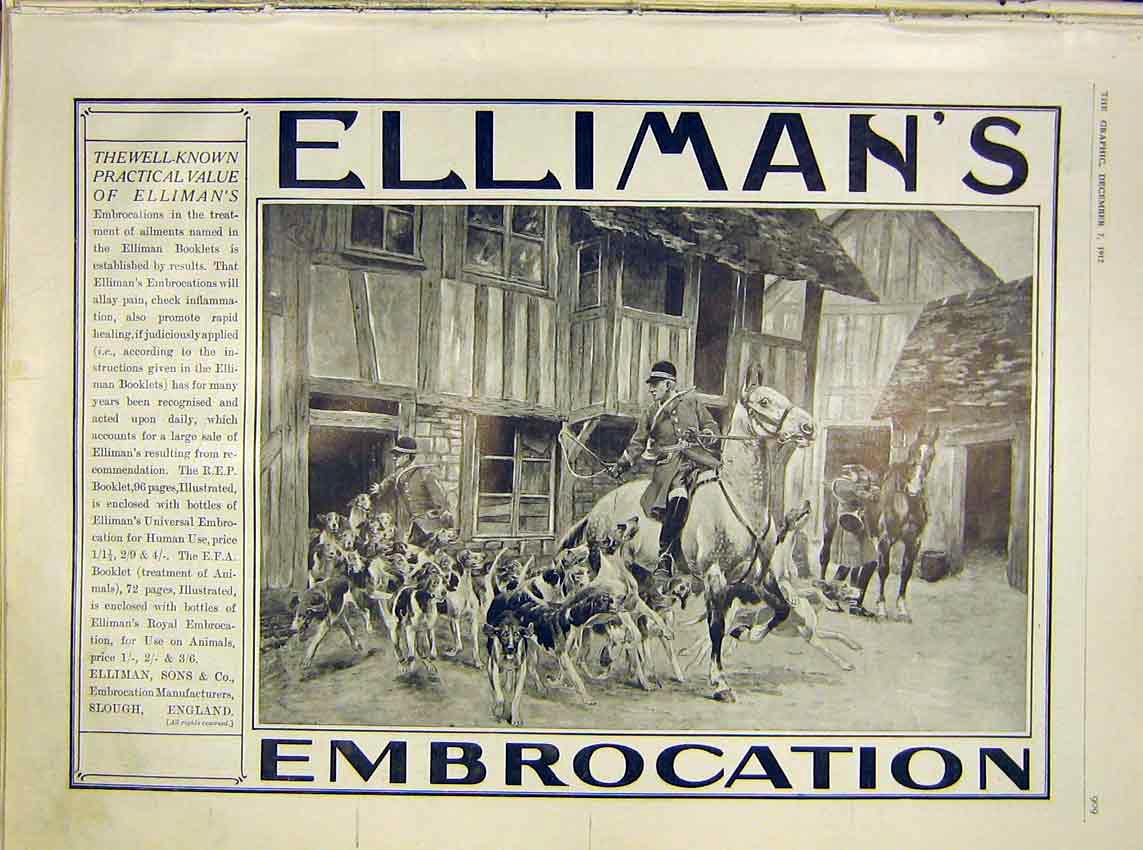 Original Old Antique Print Advert Elliman'S Embrocation Hunt Horse Hounds 1912