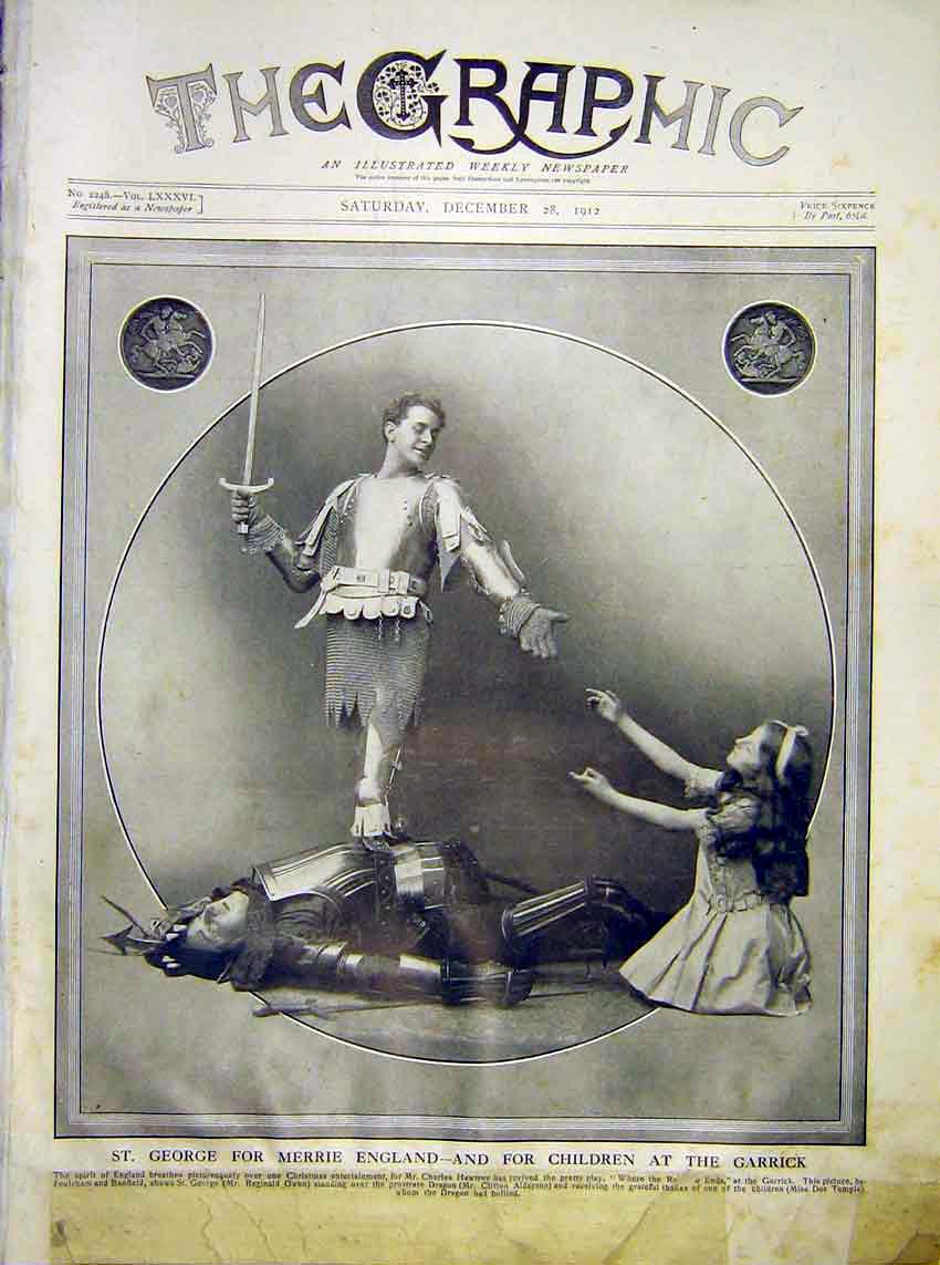 Original Old Antique Print St George Children Garrick Theatre Christmas 1912
