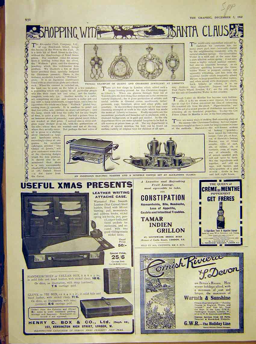 Old Antique Print Shopping Santa Jewellery Liberty'S Swan Pen Case 1912 20th