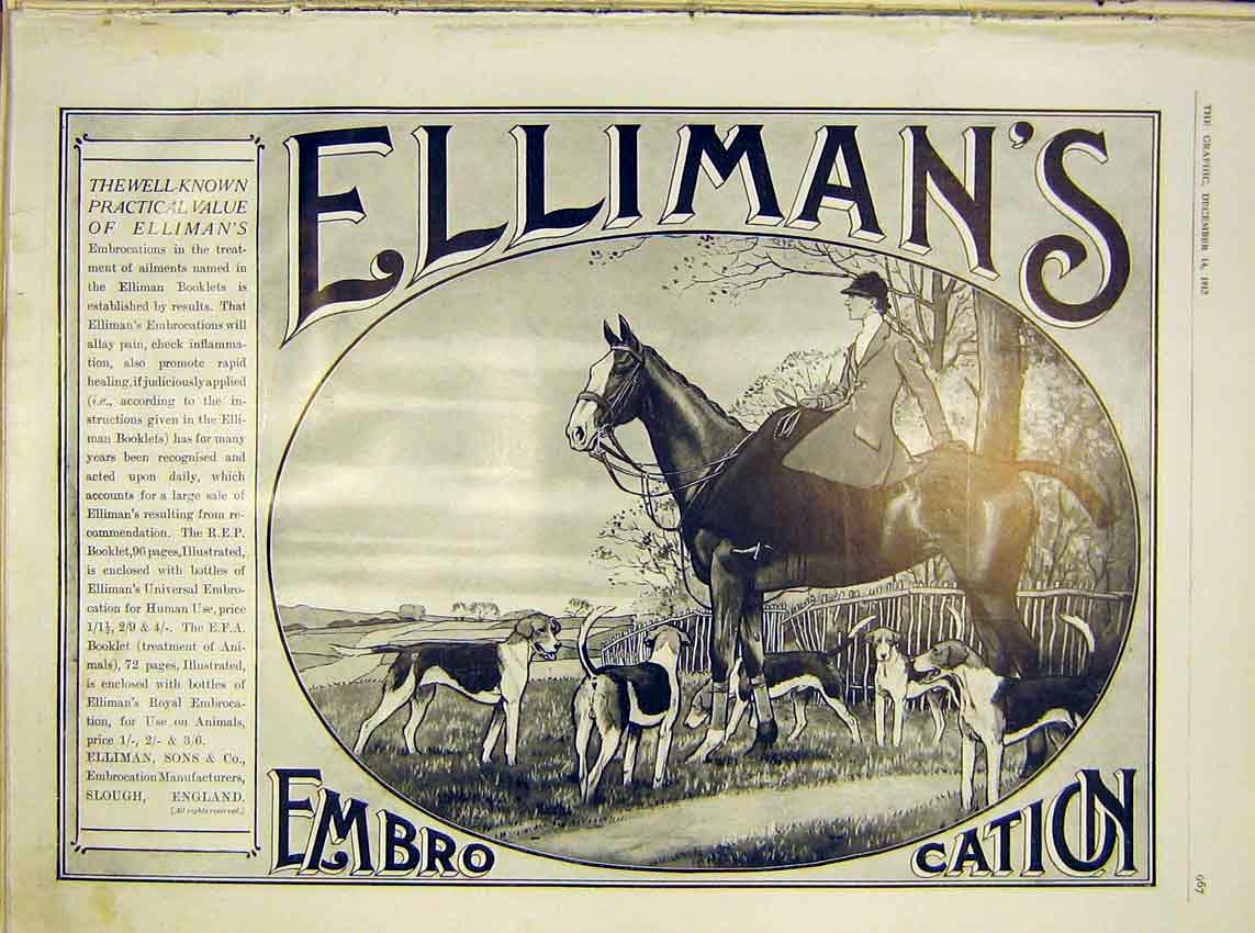 Old Antique Print Elliman'S Embrocation Hunting Hunter Hounds Advert 1912 20th