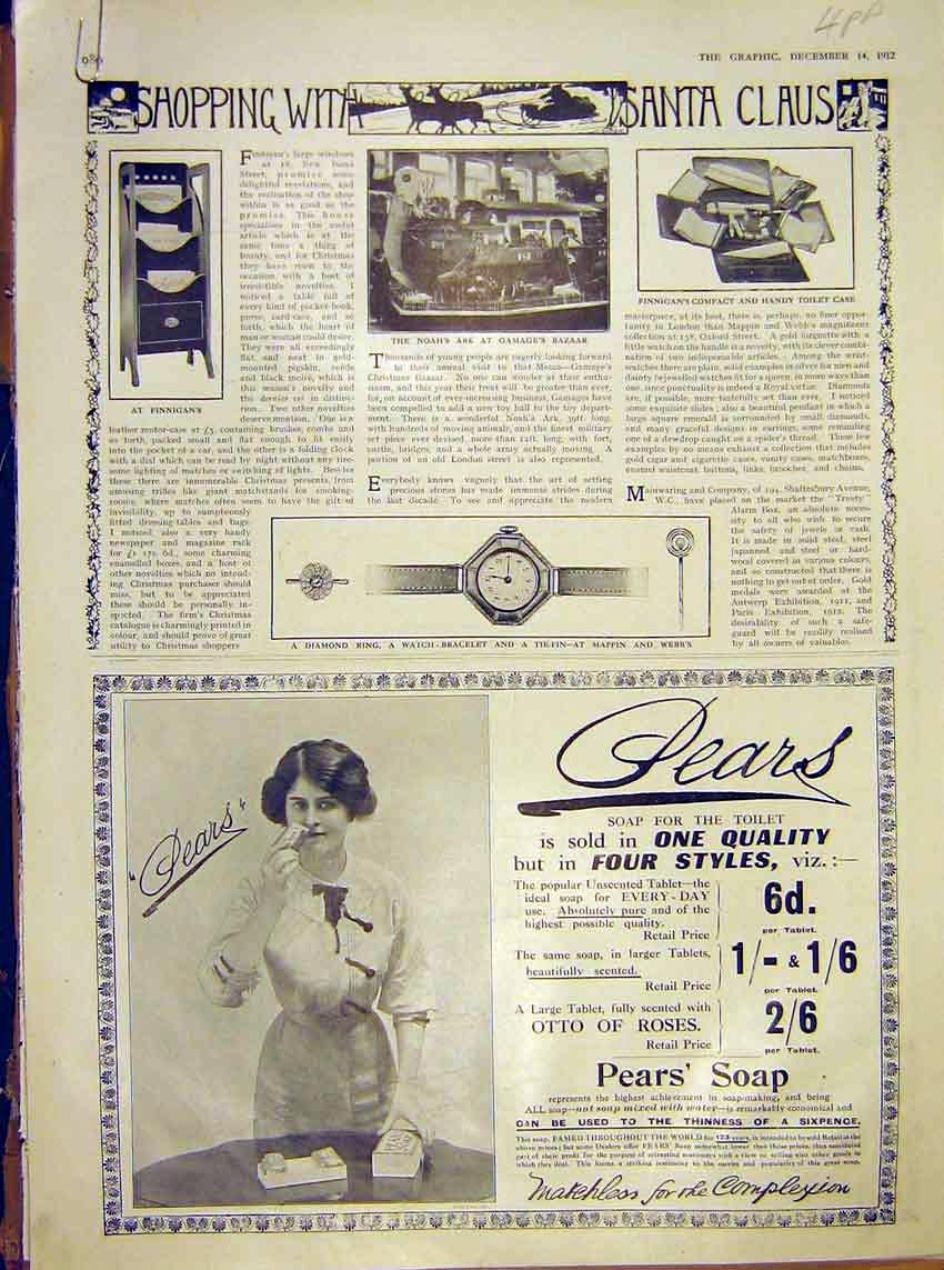 Original Old Antique Print Diamond Shopping Santa Pearsprice'S Candles 1912