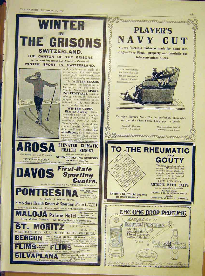 Original Old Antique Print Advert Grisons Switzerland Player'S Anturic Dralle'S