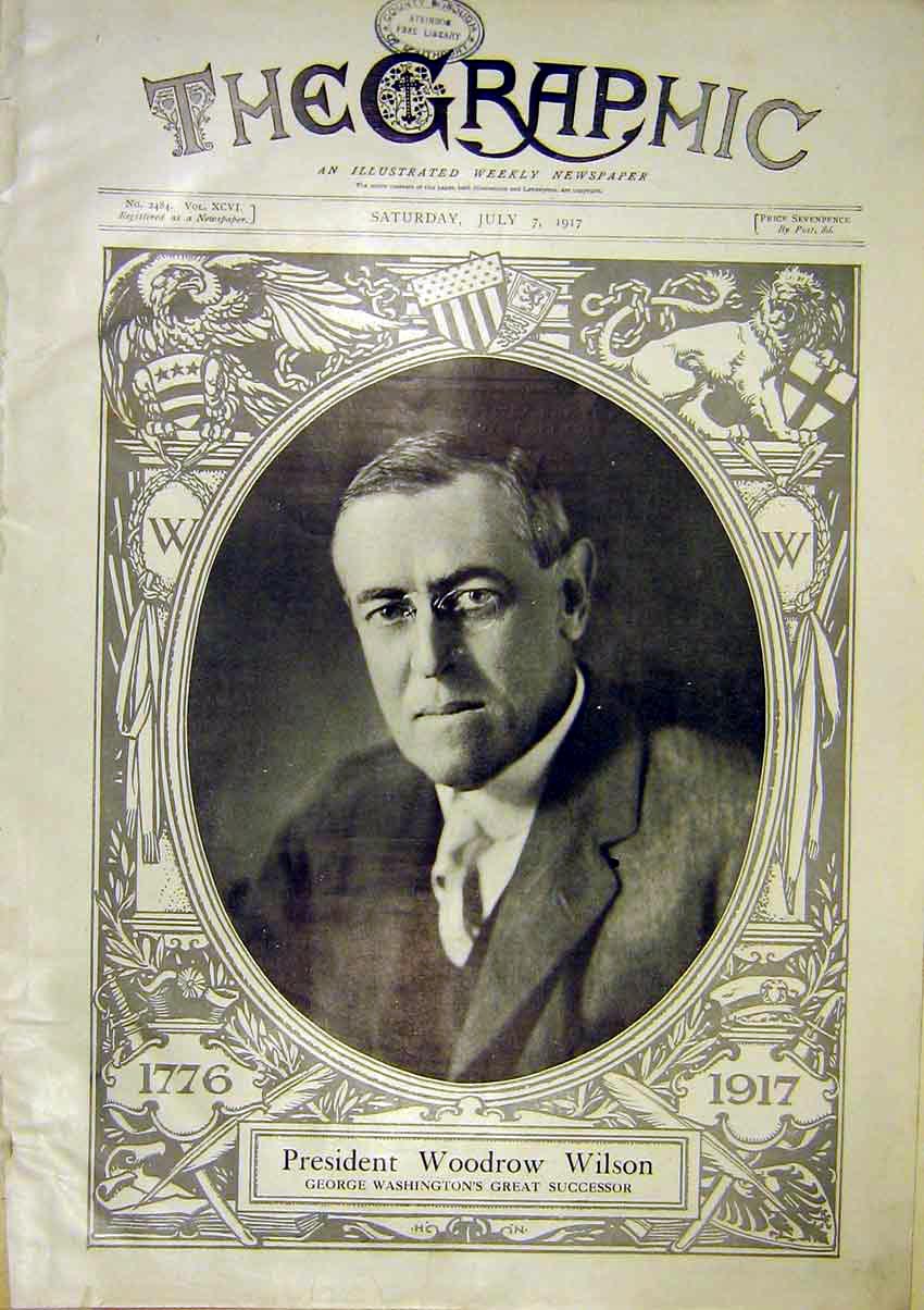 Original Old Vintage Print Portrait President Woodrow Wilson America Usa 1917