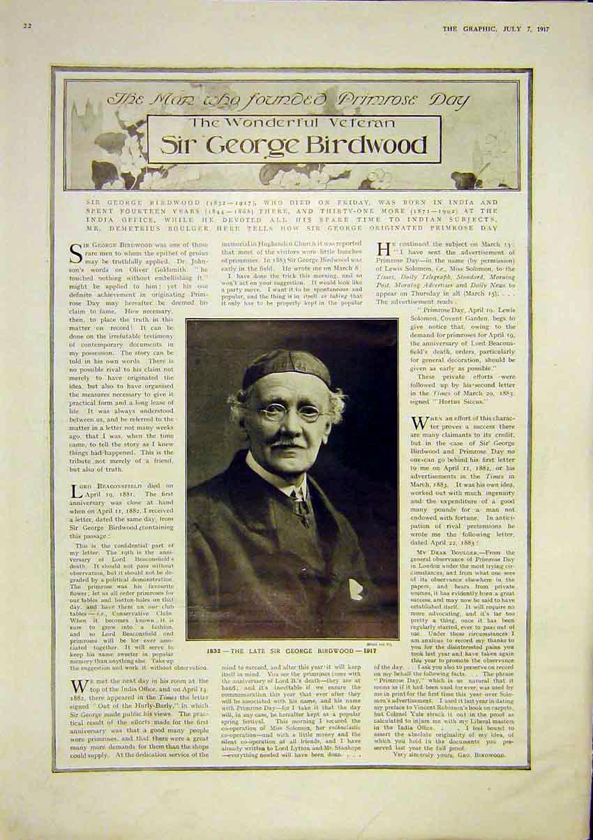 Old Vintage Print Portrait Birdwood Primrose Day Aeroplane Montagu 1917 20th