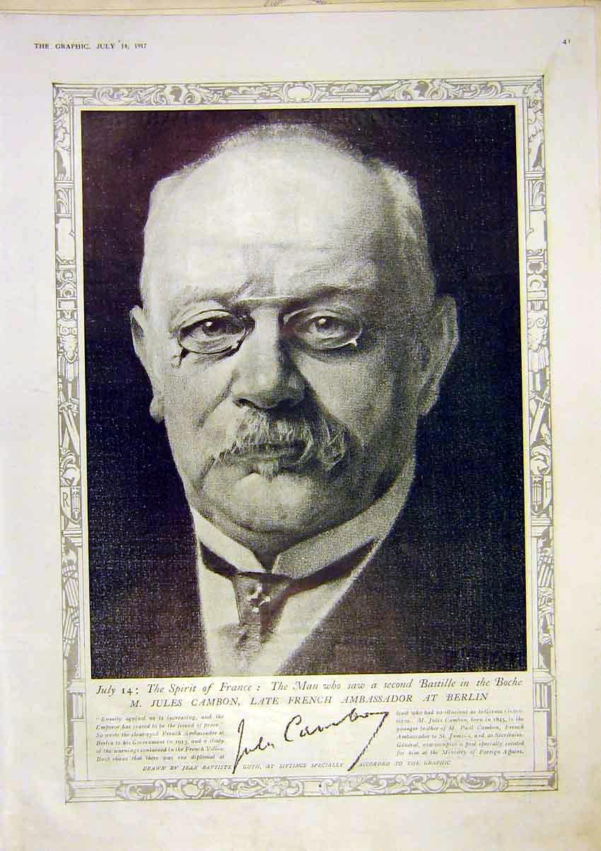 Original Old Vintage Print Portrait Jules Cambon French Ambassador Berlin 1917